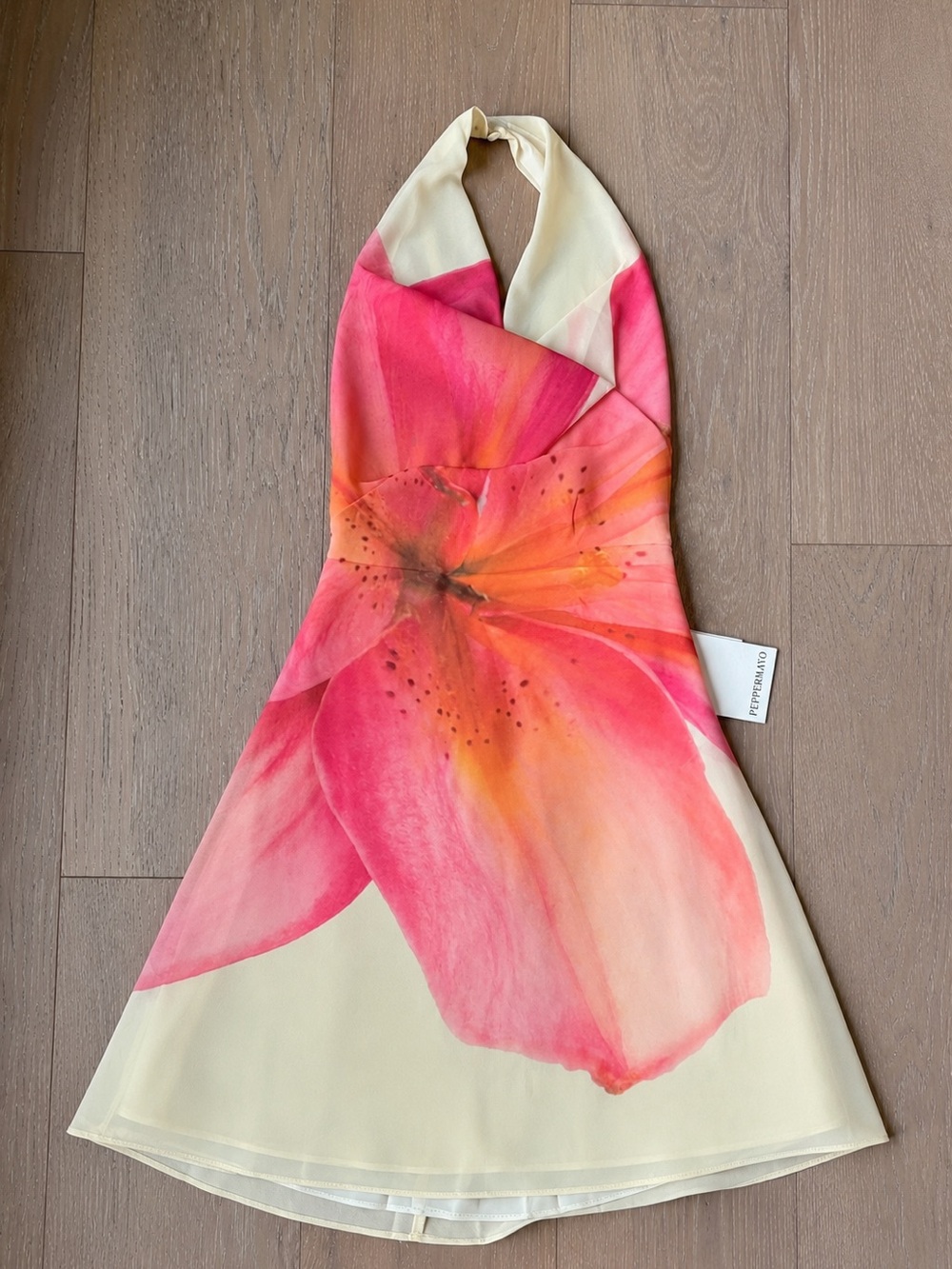 Peppermayo Cream Halter Mini Dress with Pink & Orange Floral Print